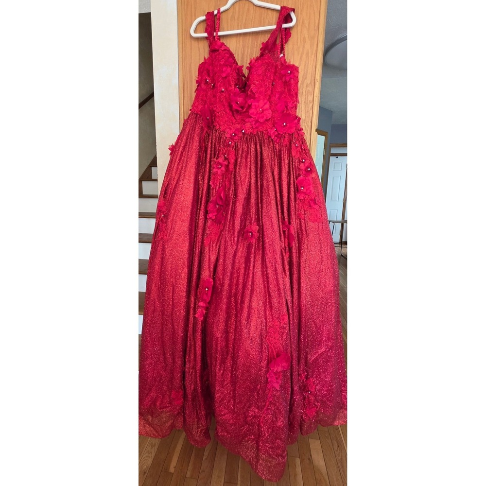 Layla K. Red Glitter Floral Applique Corset Ball Gown Prom Dress LK-161 Size 20